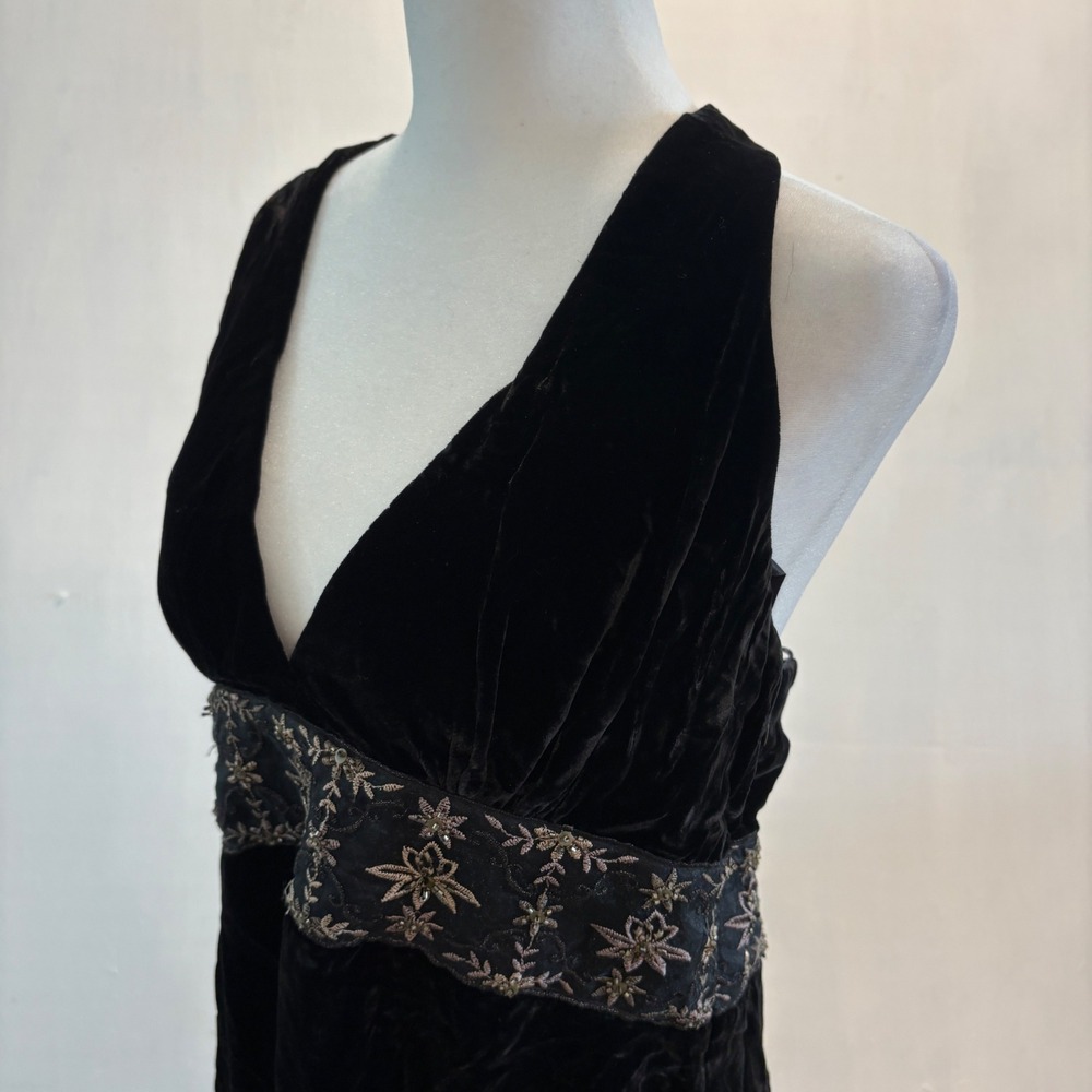 Laundry by Shelli Segal Black Silk Velvet Halter Top Embroidered Empire Waist‎ L